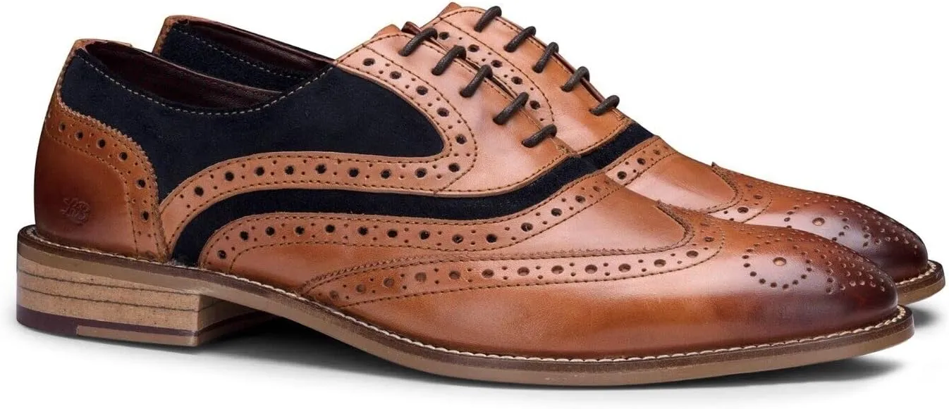 Mens Tan Leather Navy Suede Classic Oxford Formal Laced Vintage Brogue Shoes