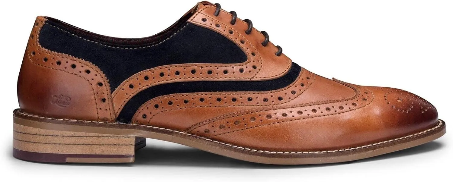 Mens Tan Leather Navy Suede Classic Oxford Formal Laced Vintage Brogue Shoes