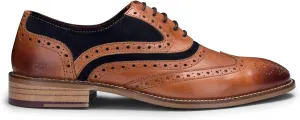 Mens Tan Leather Navy Suede Classic Oxford Formal Laced Vintage Brogue Shoes