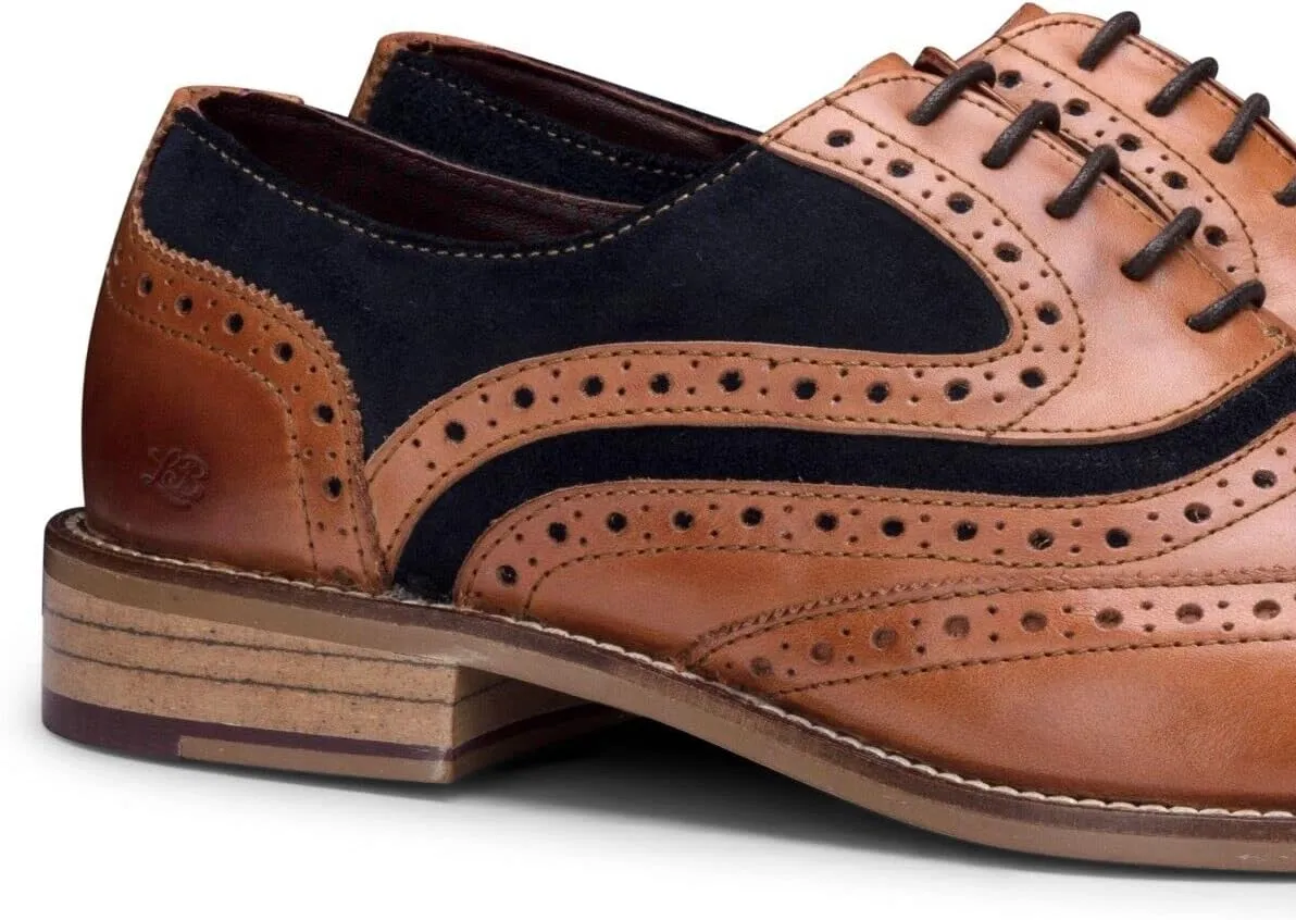 Mens Tan Leather Navy Suede Classic Oxford Formal Laced Vintage Brogue Shoes