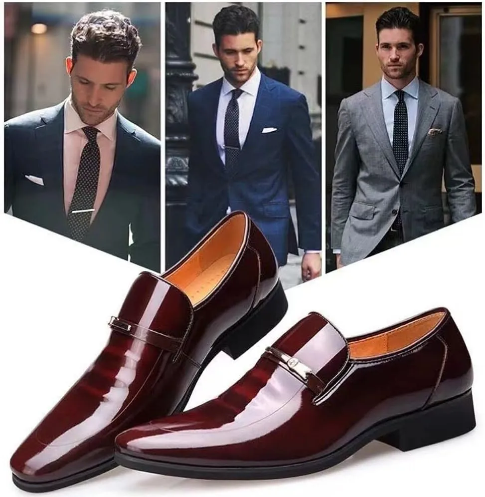 Men's Tuxedo Dress Shoes Formal Classic Faux Patent Leather Oxfords Business Wedding Derby Shoe for Men Cap Toe Wingtip Black Burgundy