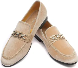 Men's Velvet Loafers,Mens Dress Shoes with Gold Chain, Slip On Flats Smoking Slippers Penny Shoes for Men