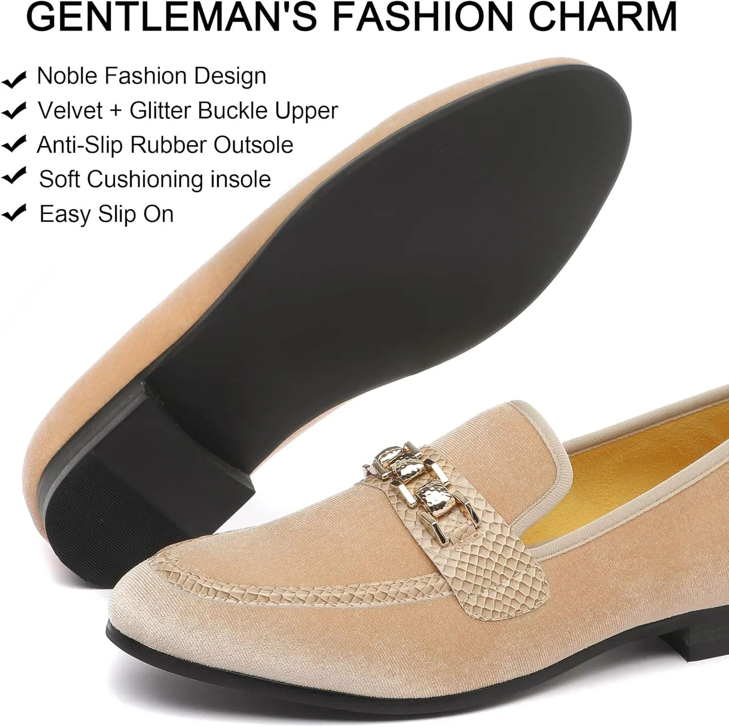 Men's Velvet Loafers,Mens Dress Shoes with Gold Chain, Slip On Flats Smoking Slippers Penny Shoes for Men