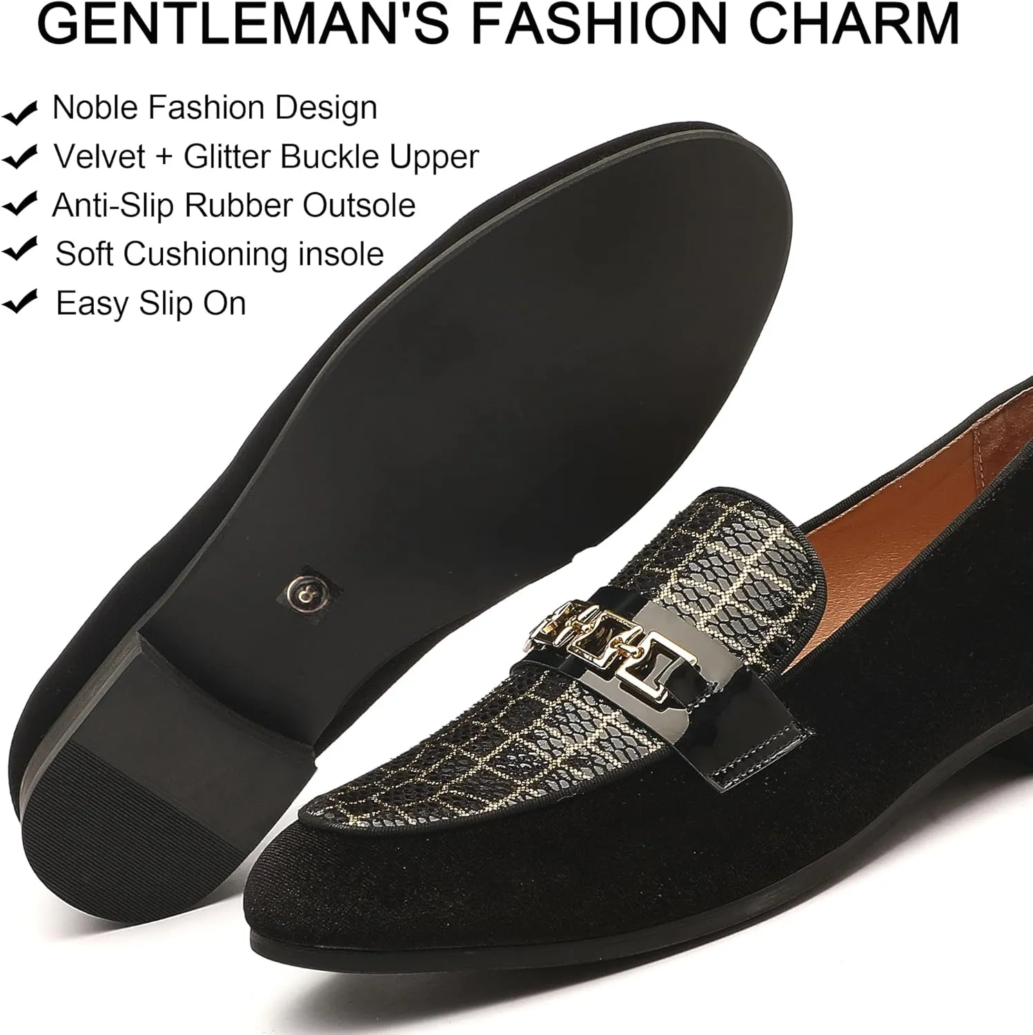 Men's Velvet Loafers,Mens Dress Shoes with Gold Chain, Slip On Flats Smoking Slippers Penny Shoes for Men