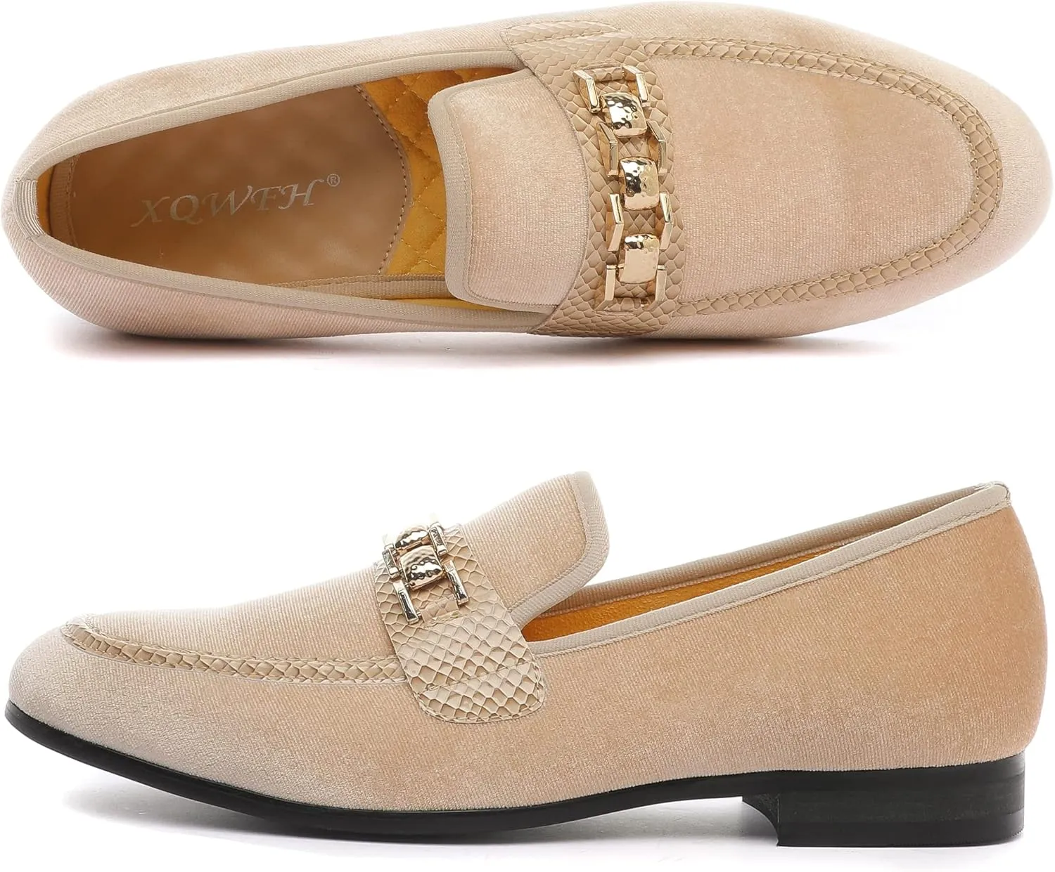 Men's Velvet Loafers,Mens Dress Shoes with Gold Chain, Slip On Flats Smoking Slippers Penny Shoes for Men