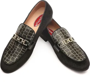 Men's Velvet Loafers,Mens Dress Shoes with Gold Chain, Slip On Flats Smoking Slippers Penny Shoes for Men