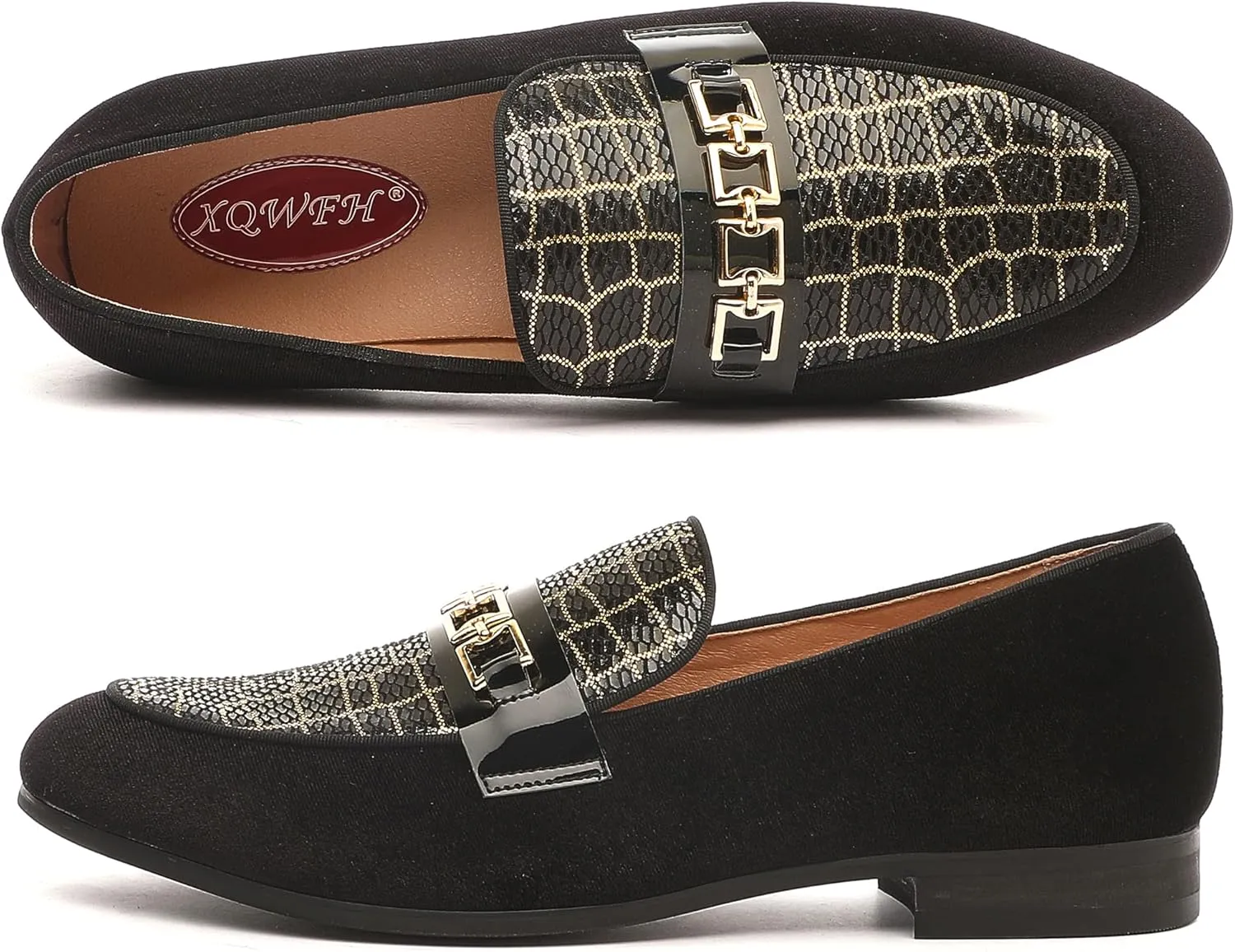 Men's Velvet Loafers,Mens Dress Shoes with Gold Chain, Slip On Flats Smoking Slippers Penny Shoes for Men