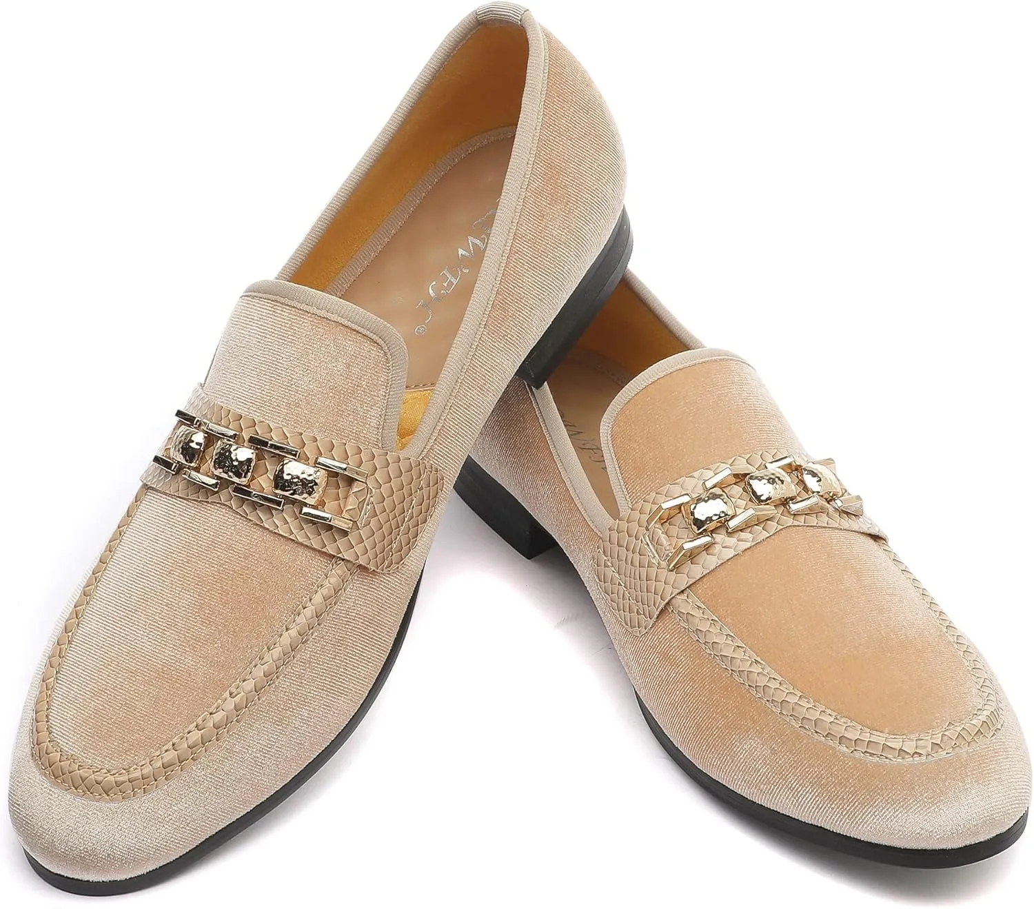 Men's Velvet Loafers,Mens Dress Shoes with Gold Chain, Slip On Flats Smoking Slippers Penny Shoes for Men