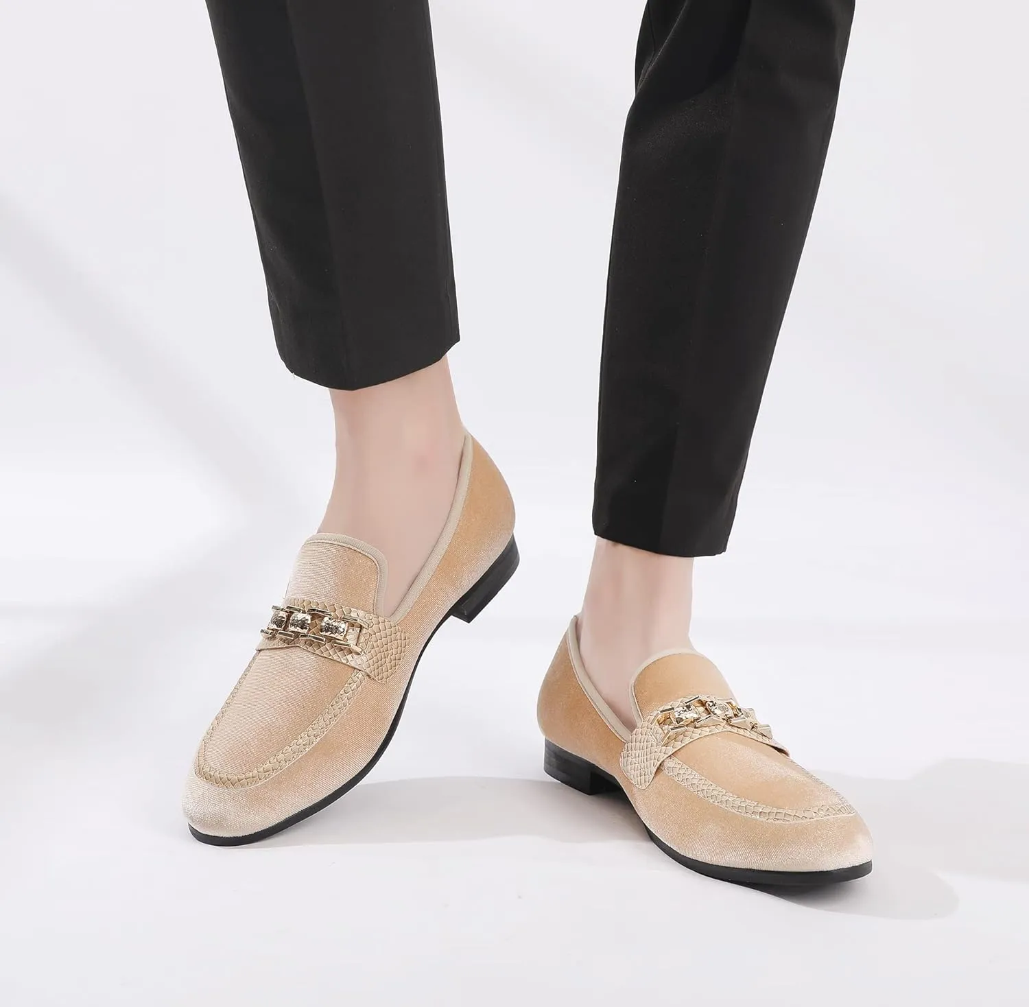 Men's Velvet Loafers,Mens Dress Shoes with Gold Chain, Slip On Flats Smoking Slippers Penny Shoes for Men