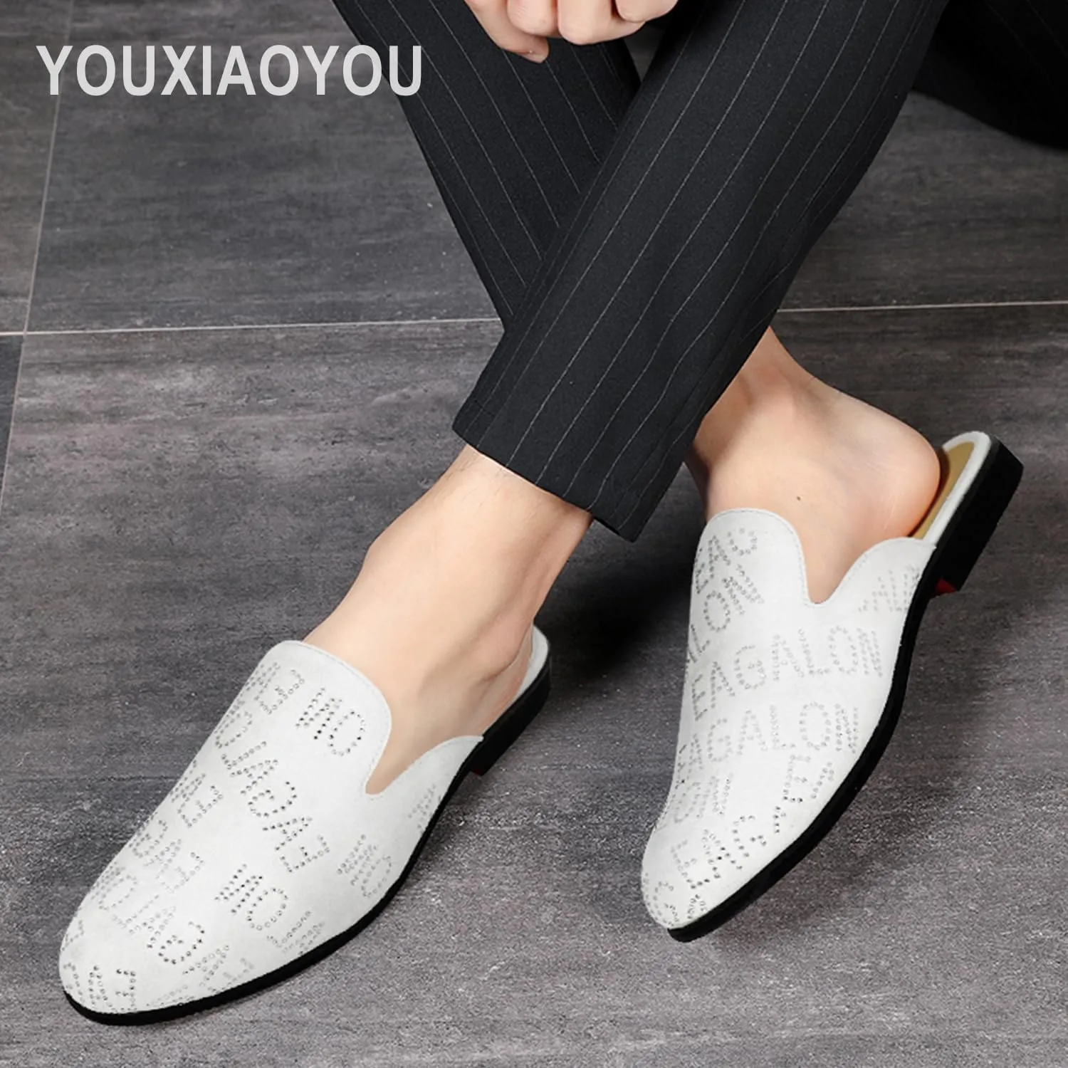 Mens Velvet Slip-On Mules Loafers Glitter Half Loafers Shoes Mens Backless Sandals Black White Size 7-13