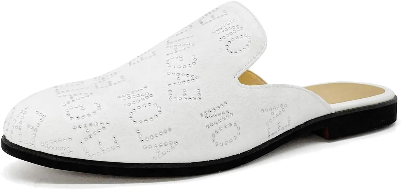 Mens Velvet Slip-On Mules Loafers Glitter Half Loafers Shoes Mens Backless Sandals Black White Size 7-13