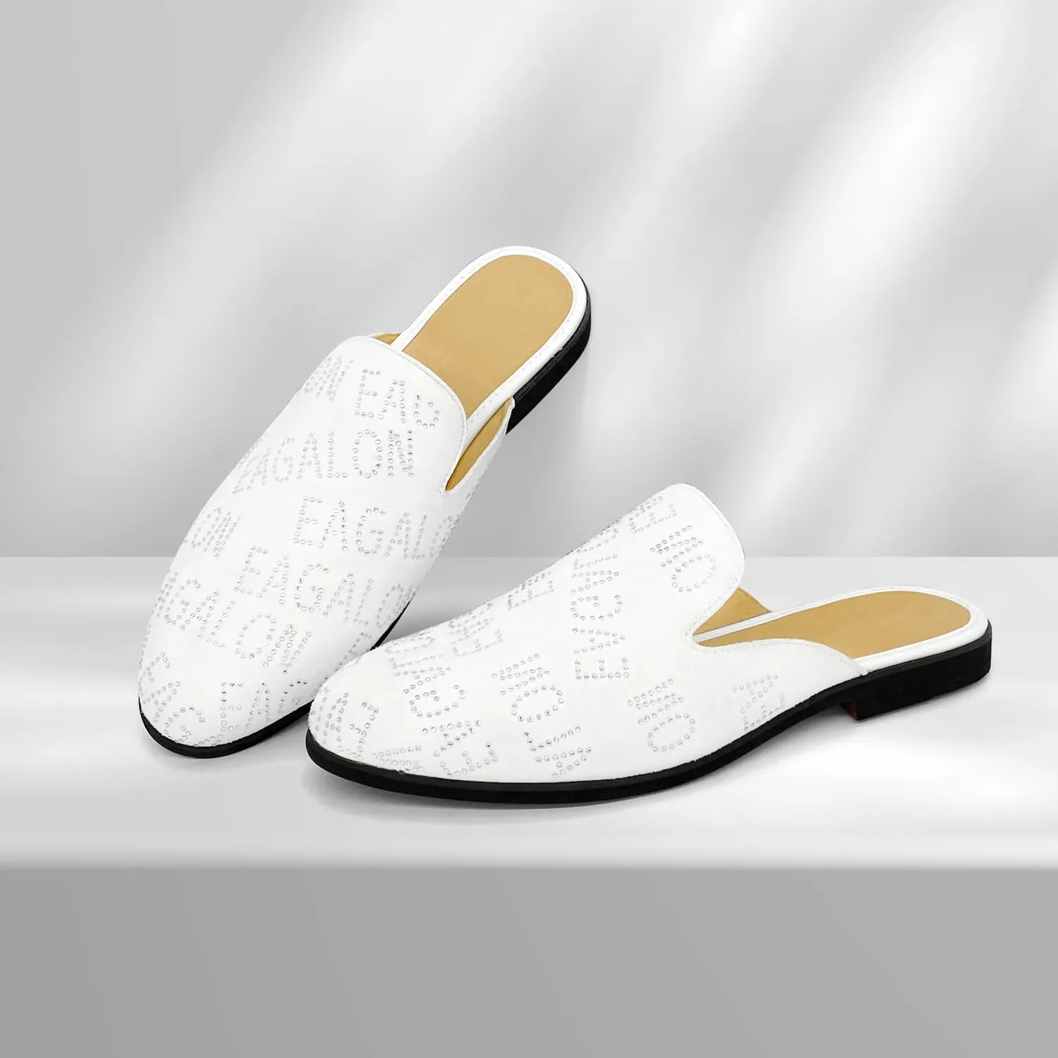 Mens Velvet Slip-On Mules Loafers Glitter Half Loafers Shoes Mens Backless Sandals Black White Size 7-13