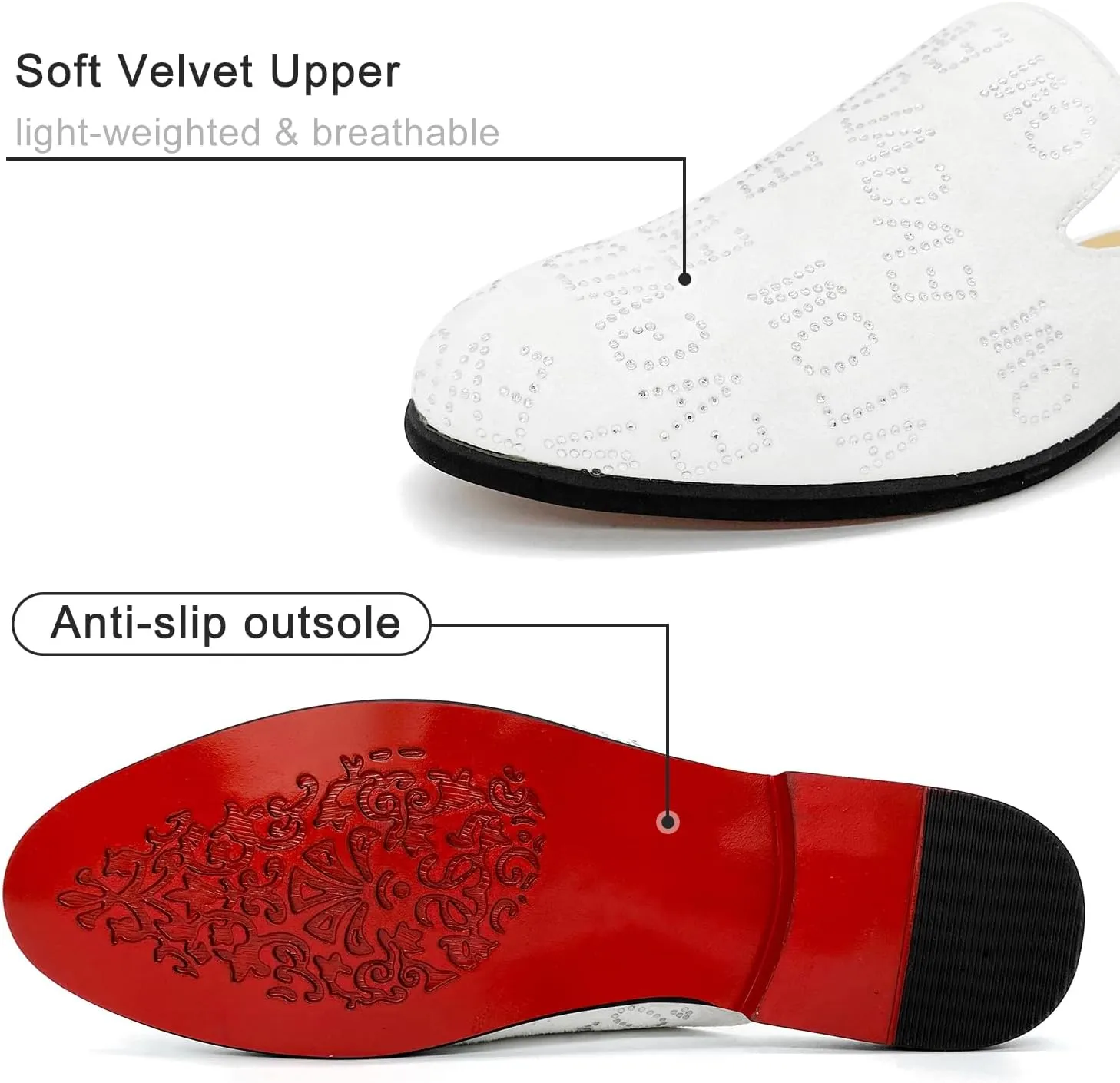 Mens Velvet Slip-On Mules Loafers Glitter Half Loafers Shoes Mens Backless Sandals Black White Size 7-13