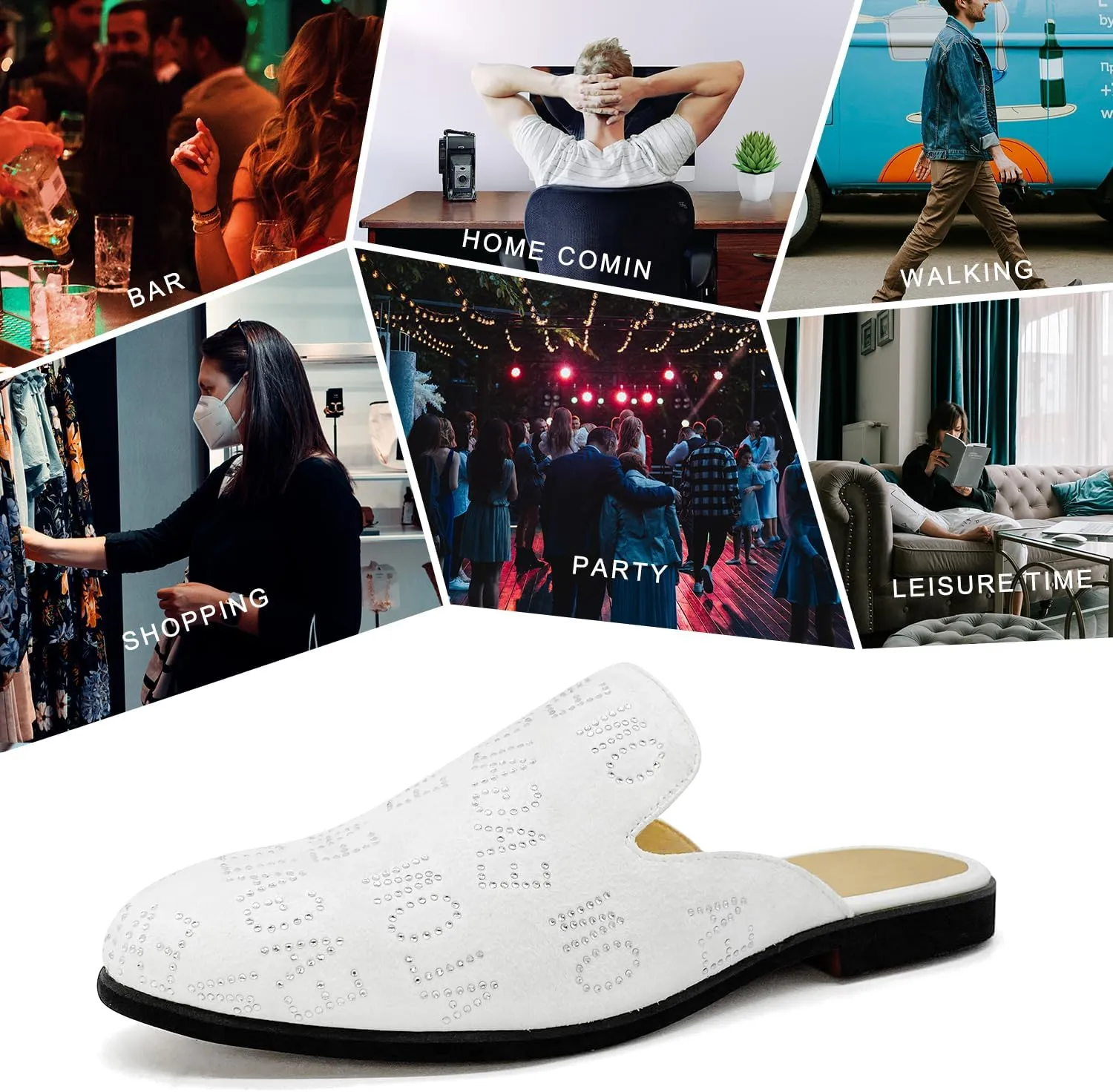 Mens Velvet Slip-On Mules Loafers Glitter Half Loafers Shoes Mens Backless Sandals Black White Size 7-13