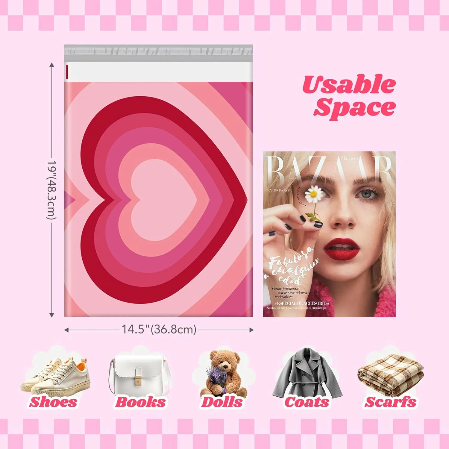 Metronic Poly Mailers 14.5x19 Inch 50pc Shipping Bags for Clothes,Strong Adhensive Shipping Envelopes for Small Business,Waterproof Mailers Poly Bags for Shipping,Packaging Mailing Bags Pink Heart
