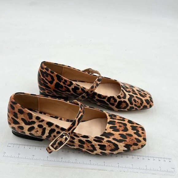 Milooey Brown Leopard Square Toe Mary Jane Chunky Low Heels Business Shoes
