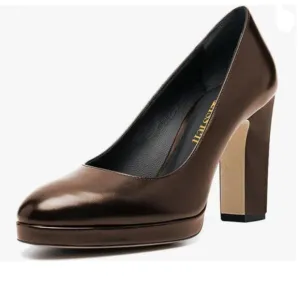 Miss left Brown Platform Almond Toe Pumps Classic Slip On Block High Heels Shoes
