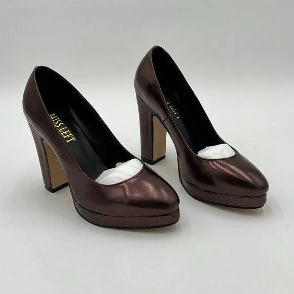 Miss left Brown Platform Almond Toe Pumps Classic Slip On Block High Heels Shoes