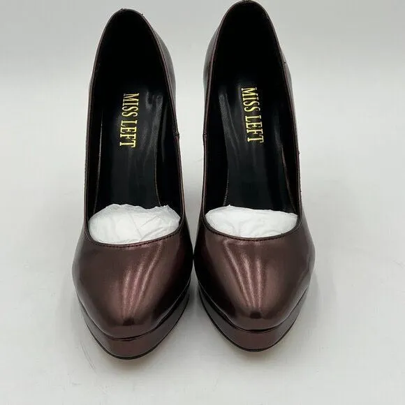 Miss left Brown Platform Almond Toe Pumps Classic Slip On Block High Heels Shoes