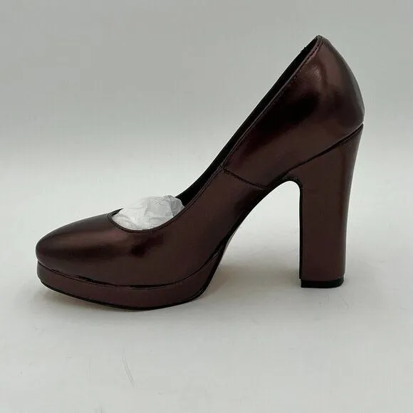 Miss left Brown Platform Almond Toe Pumps Classic Slip On Block High Heels Shoes