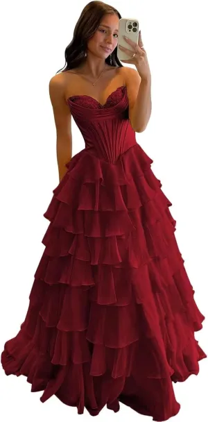 MiwiNovia Strapless Prom Dresses for Women 2025 Chiffon Layered Formal Evening Dress A Line Corset Party Gowns with Slit PA11