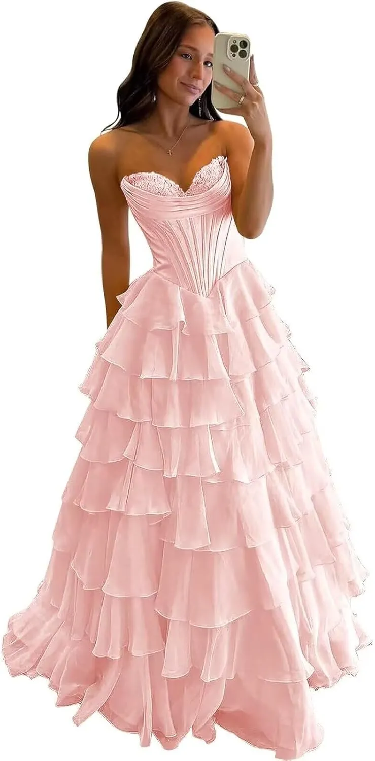 MiwiNovia Strapless Prom Dresses for Women 2025 Chiffon Layered Formal Evening Dress A Line Corset Party Gowns with Slit PA11