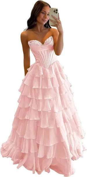 MiwiNovia Strapless Prom Dresses for Women 2025 Chiffon Layered Formal Evening Dress A Line Corset Party Gowns with Slit PA11