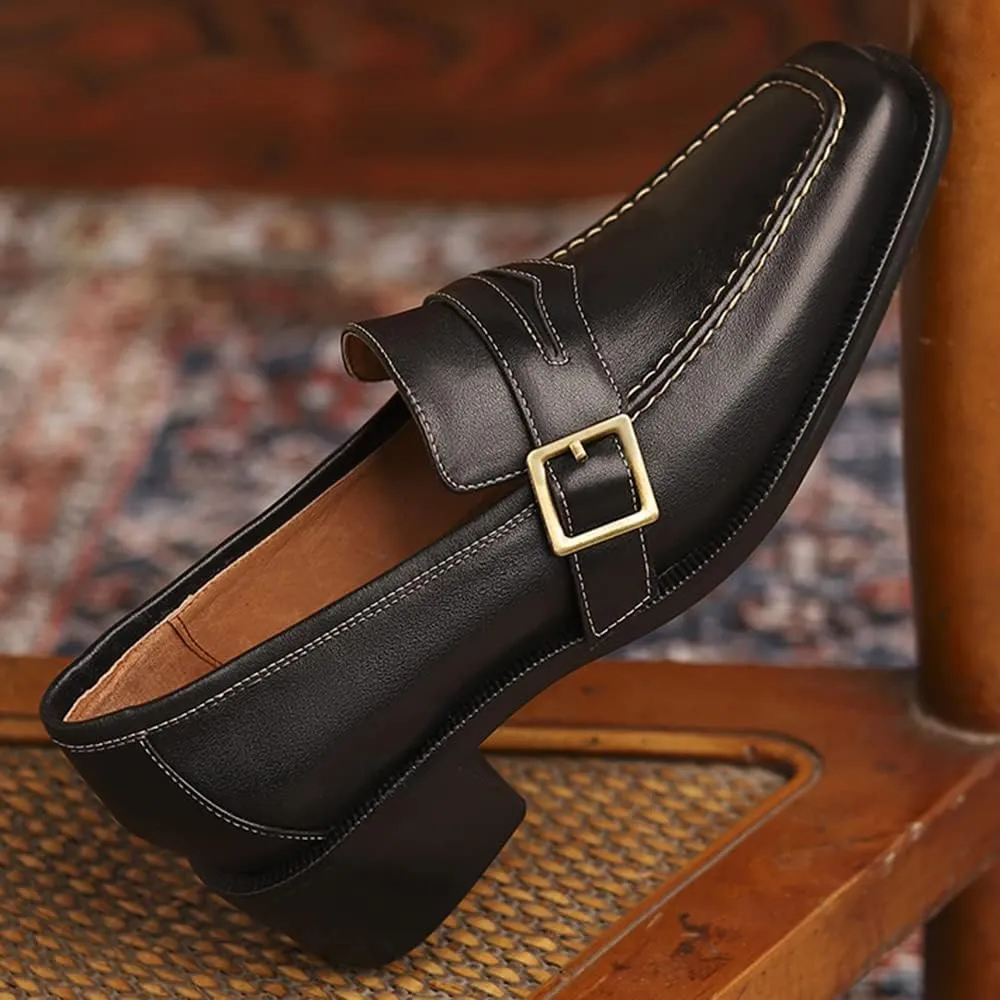 MOOMMO Women Classic Penny Loafers Closed Square Toe Patent Low Heel Loafers Slip On Metal Buckle 2" Chunky Heel Comfy Office Lady Vintage Dress Loafer Shoes Size 4-9 M US