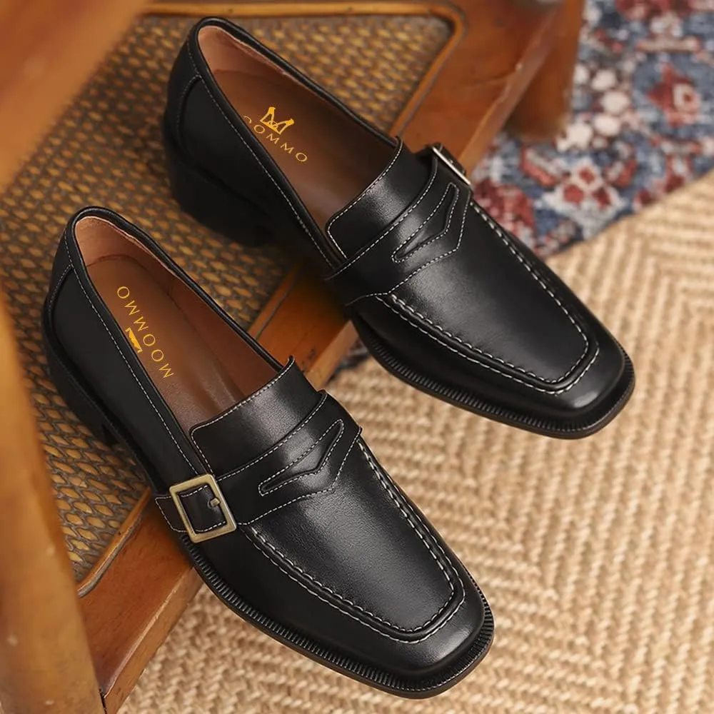 MOOMMO Women Classic Penny Loafers Closed Square Toe Patent Low Heel Loafers Slip On Metal Buckle 2" Chunky Heel Comfy Office Lady Vintage Dress Loafer Shoes Size 4-9 M US