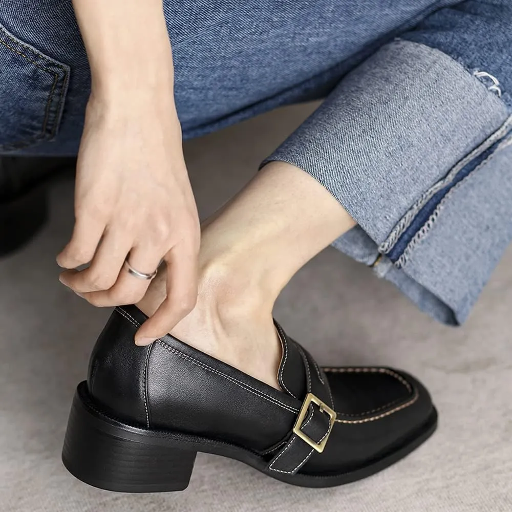 MOOMMO Women Classic Penny Loafers Closed Square Toe Patent Low Heel Loafers Slip On Metal Buckle 2" Chunky Heel Comfy Office Lady Vintage Dress Loafer Shoes Size 4-9 M US