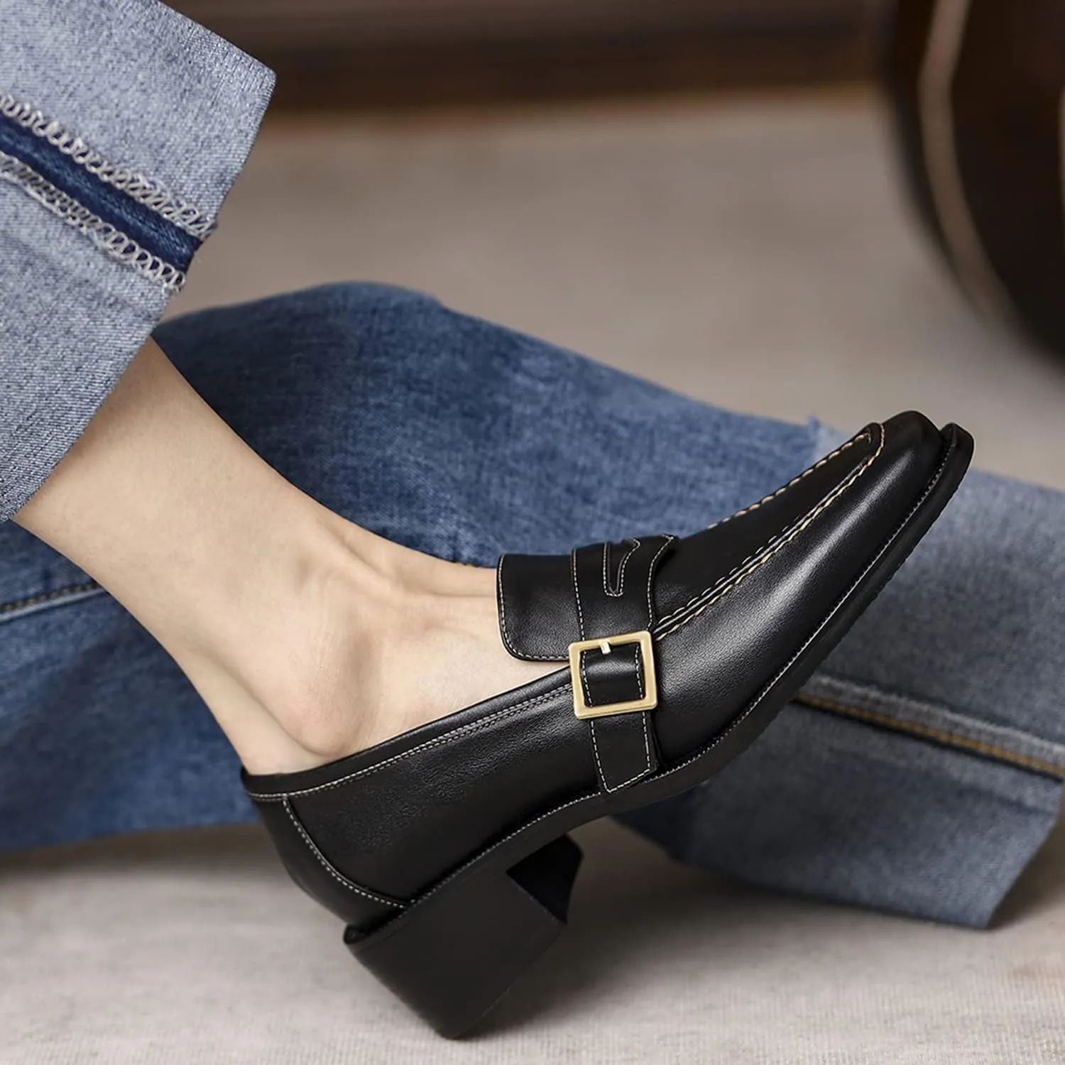 MOOMMO Women Classic Penny Loafers Closed Square Toe Patent Low Heel Loafers Slip On Metal Buckle 2" Chunky Heel Comfy Office Lady Vintage Dress Loafer Shoes Size 4-9 M US