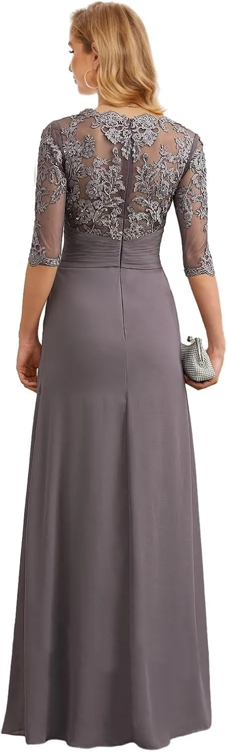 Mother of The Bride Dress Long Chiffon Prom Dresses Lace Applique Formal Evening Gown with Sleeve for Women