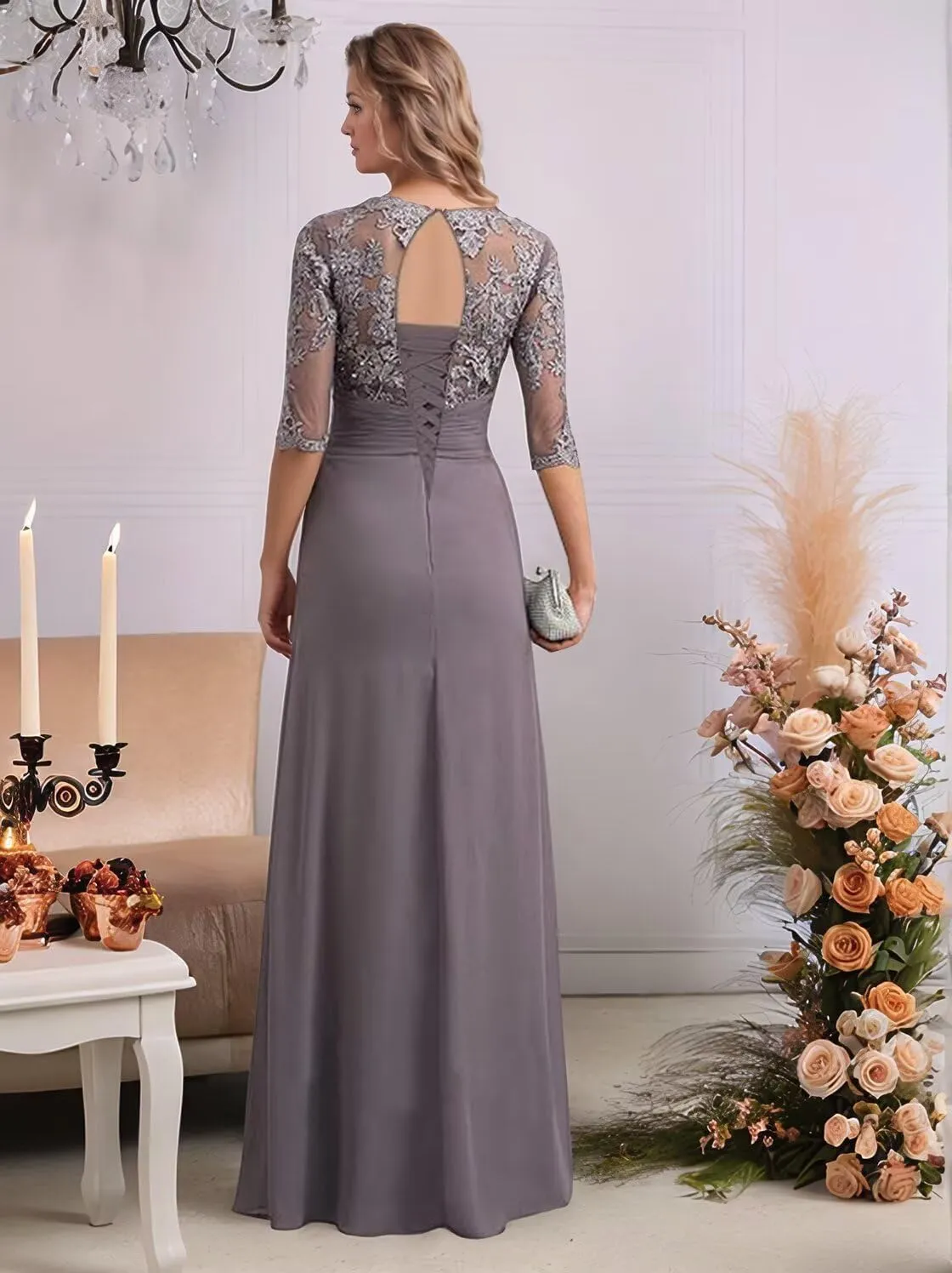 Mother of The Bride Dress Long Chiffon Prom Dresses Lace Applique Formal Evening Gown with Sleeve for Women