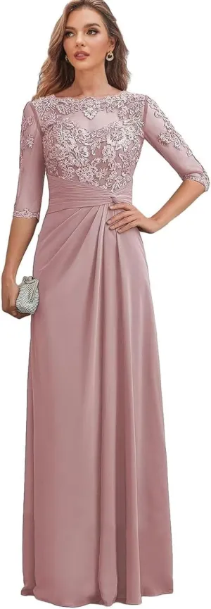 Mother of The Bride Dress Long Chiffon Prom Dresses Lace Applique Formal Evening Gown with Sleeve for Women