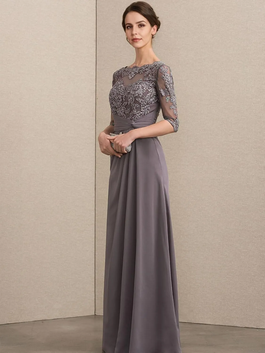 Mother of The Bride Dress Long Chiffon Prom Dresses Lace Applique Formal Evening Gown with Sleeve for Women