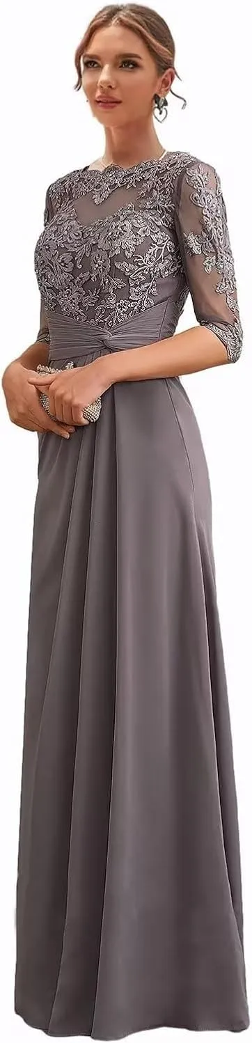 Mother of The Bride Dress Long Chiffon Prom Dresses Lace Applique Formal Evening Gown with Sleeve for Women