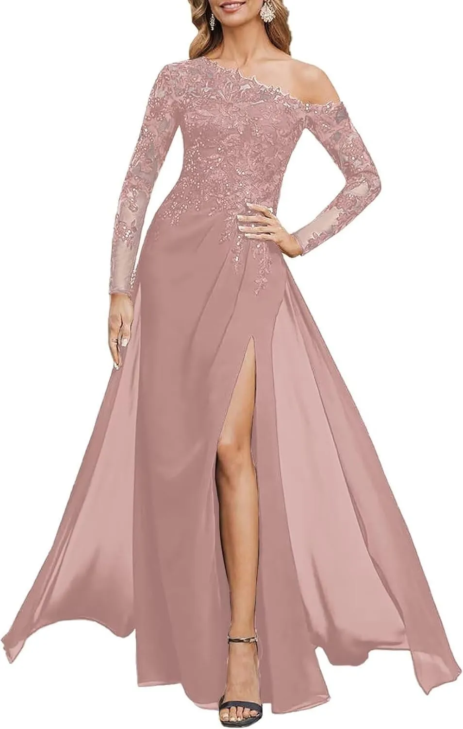 Mother of The Bride Dresses for Wedding Mermaid Chiffon Lace Sequin Formal Evening Dress with Slit
