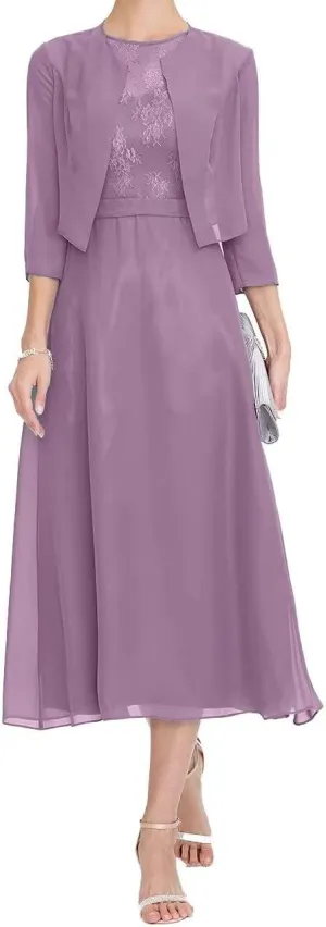 Mother of The Bride Dresses for Women Elegant Two Piece Tea Length Formal Evening Dress with Jacket