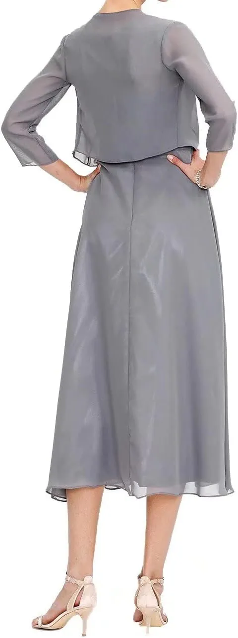 Mother of The Bride Dresses for Women Elegant Two Piece Tea Length Formal Evening Dress with Jacket