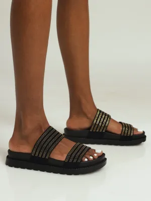 Moulded Double Strap Diamante Mule Sandal - Gold
