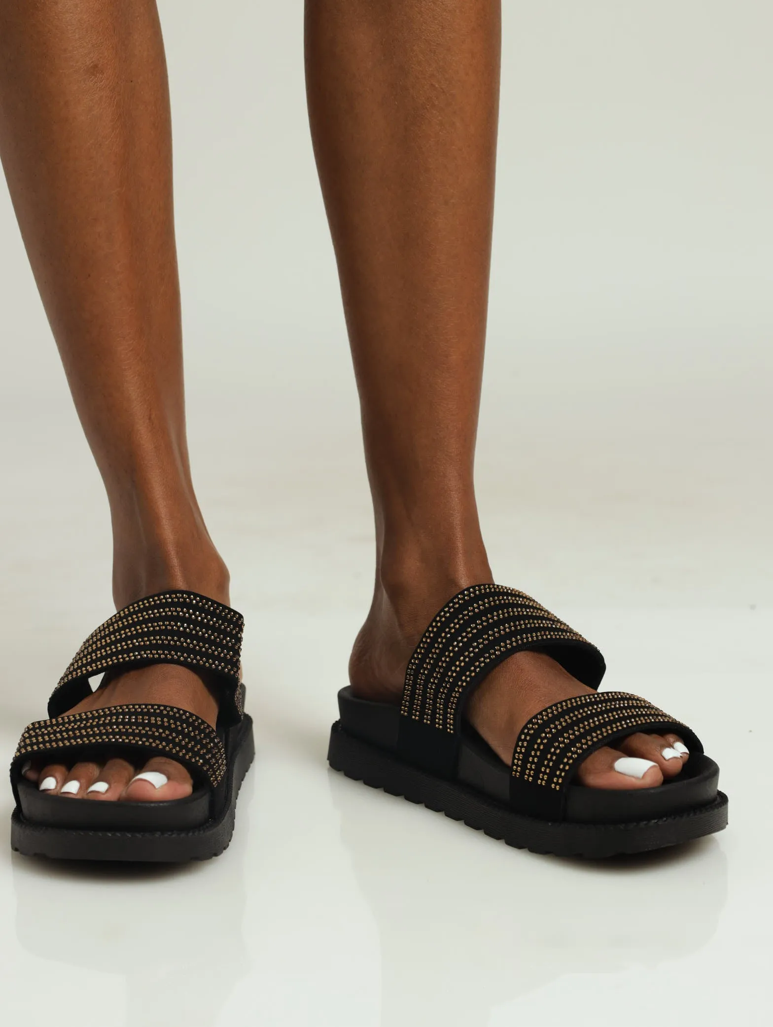 Moulded Double Strap Diamante Mule Sandal - Gold