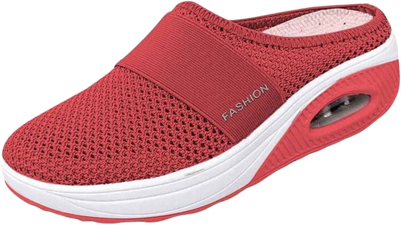Mules for Women 2025 Backless Walking Sneakers Summer Slip-On Mule Shoes Mesh Air Cushion Orthopedic Diabetic Shoes with Arch-Support Open Back Slip On Shoes Breathable Slippers Closed Toe Slides