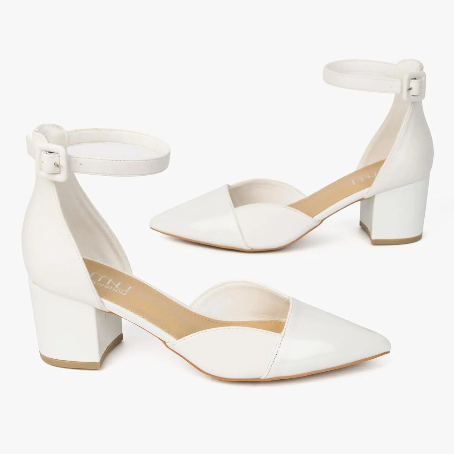 MUSSHOE Women's Pointed Toe Pumps Ankle Strap Buckle Chunky Block Heel Splicing D'Orsay Shoes