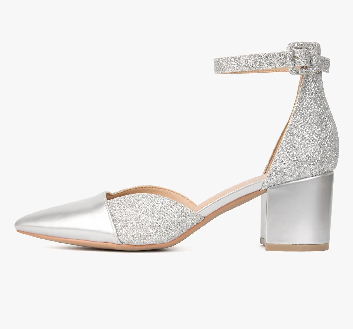 MUSSHOE Women's Pointed Toe Pumps Ankle Strap Buckle Chunky Block Heel Splicing D'Orsay Shoes