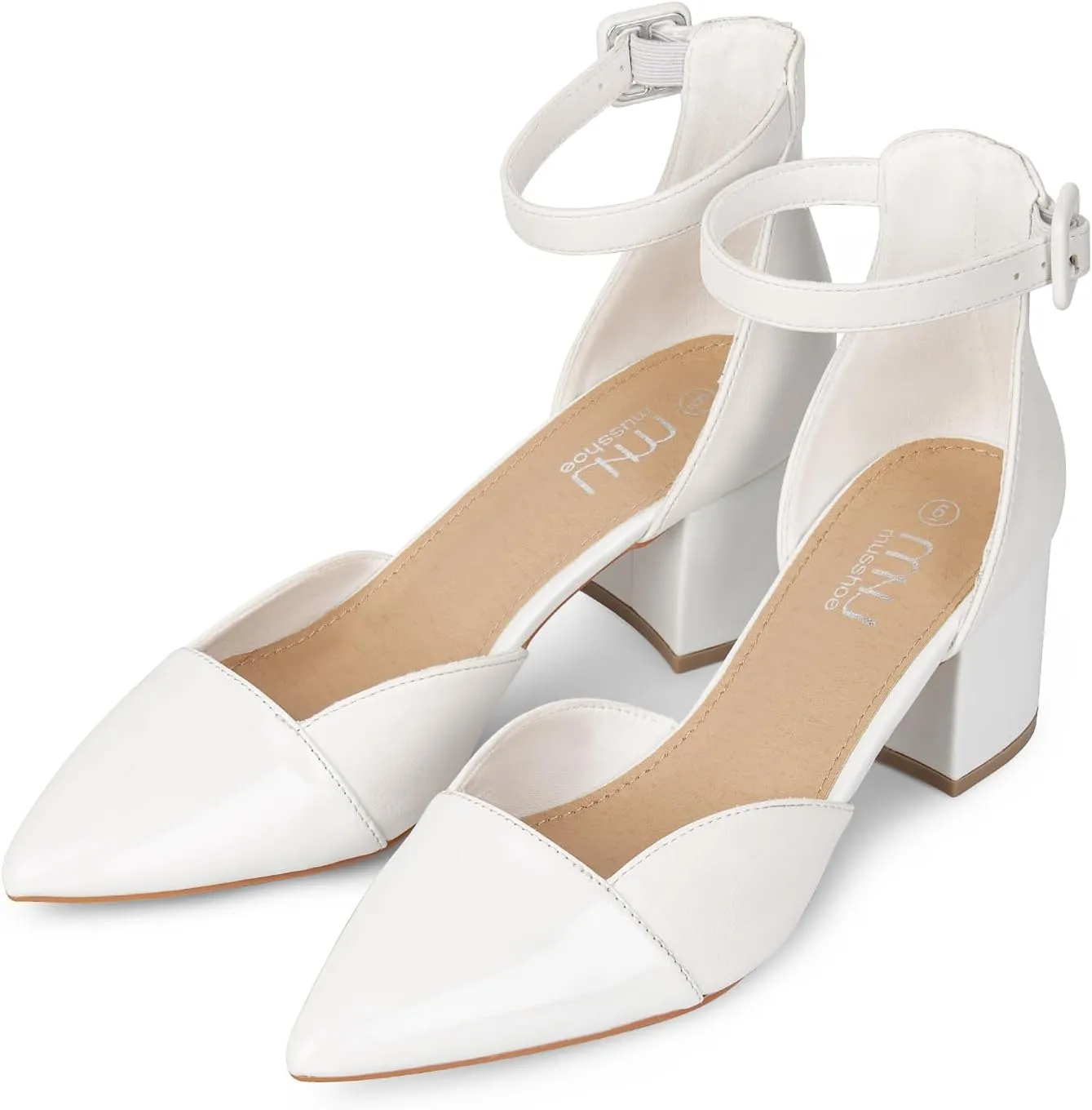 MUSSHOE Women's Pointed Toe Pumps Ankle Strap Buckle Chunky Block Heel Splicing D'Orsay Shoes