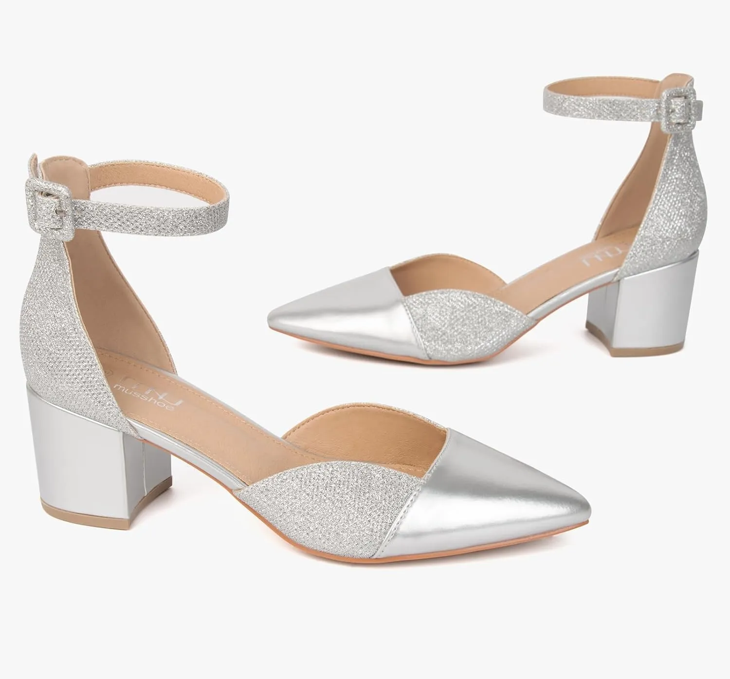 MUSSHOE Women's Pointed Toe Pumps Ankle Strap Buckle Chunky Block Heel Splicing D'Orsay Shoes