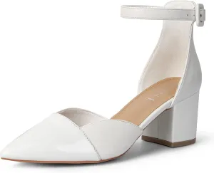 MUSSHOE Women's Pointed Toe Pumps Ankle Strap Buckle Chunky Block Heel Splicing D'Orsay Shoes