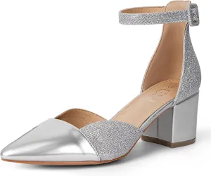 MUSSHOE Women's Pointed Toe Pumps Ankle Strap Buckle Chunky Block Heel Splicing D'Orsay Shoes