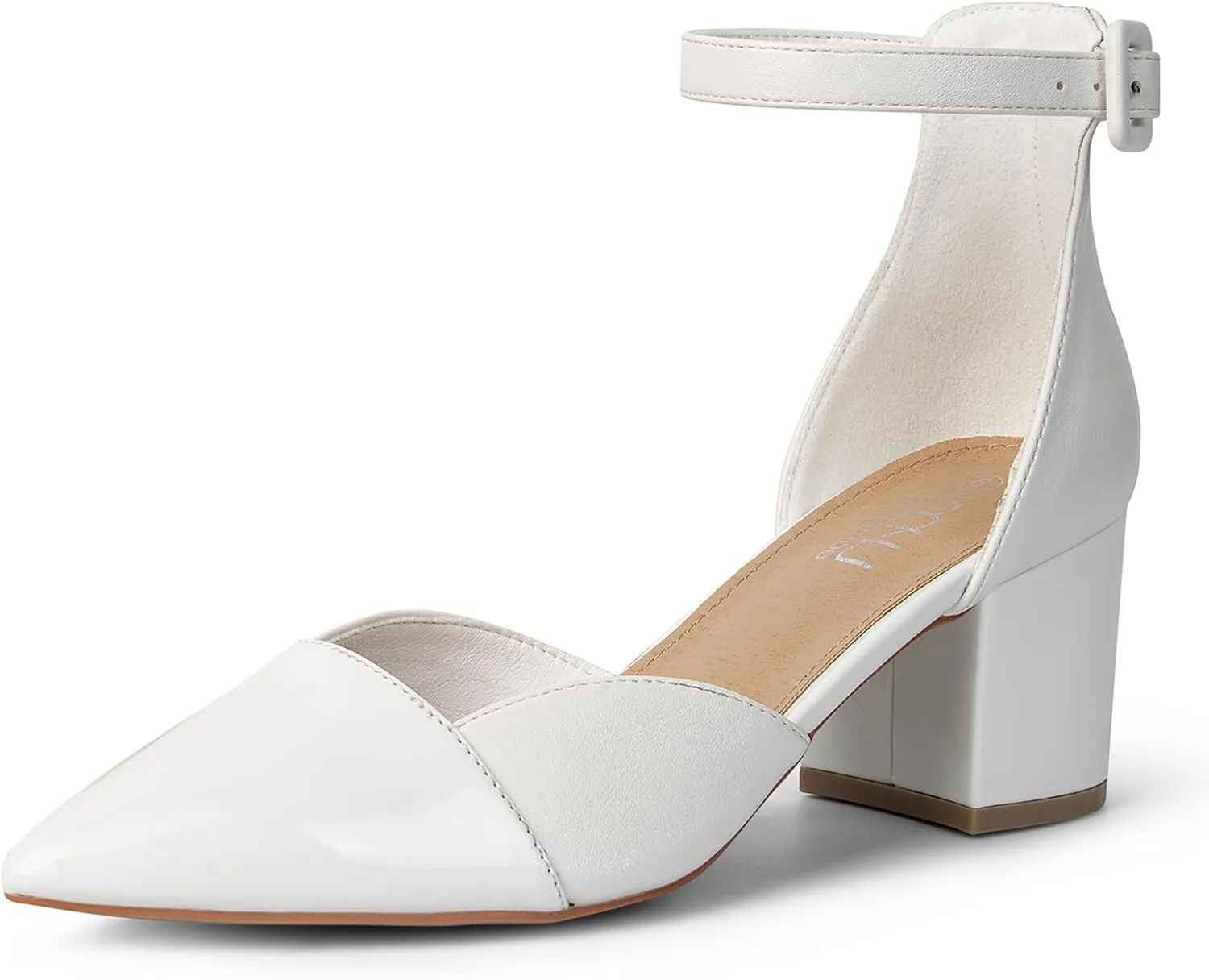 MUSSHOE Women's Pointed Toe Pumps Ankle Strap Buckle Chunky Block Heel Splicing D'Orsay Shoes