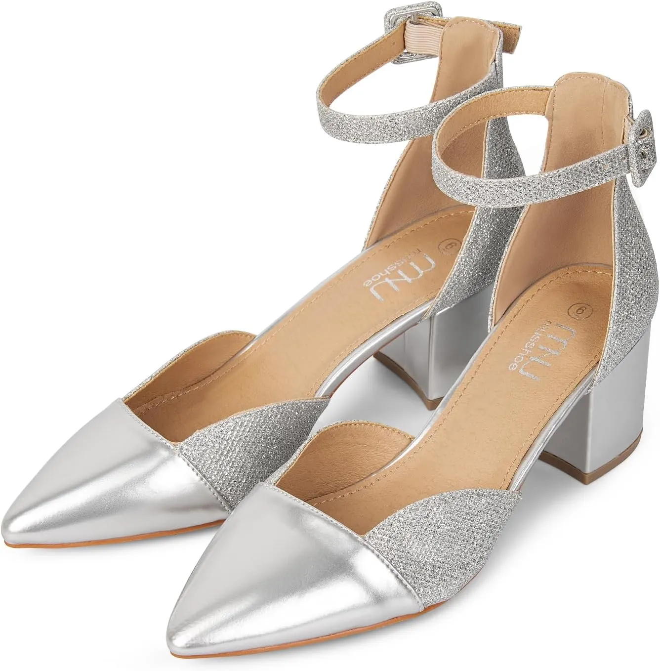 MUSSHOE Women's Pointed Toe Pumps Ankle Strap Buckle Chunky Block Heel Splicing D'Orsay Shoes